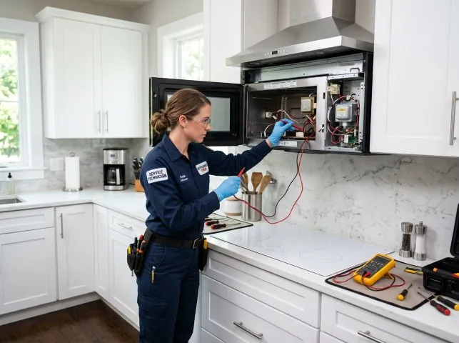 Appliance Repair Hero technician testing an over-the-range microwave in a Beallsville, MD kitchen